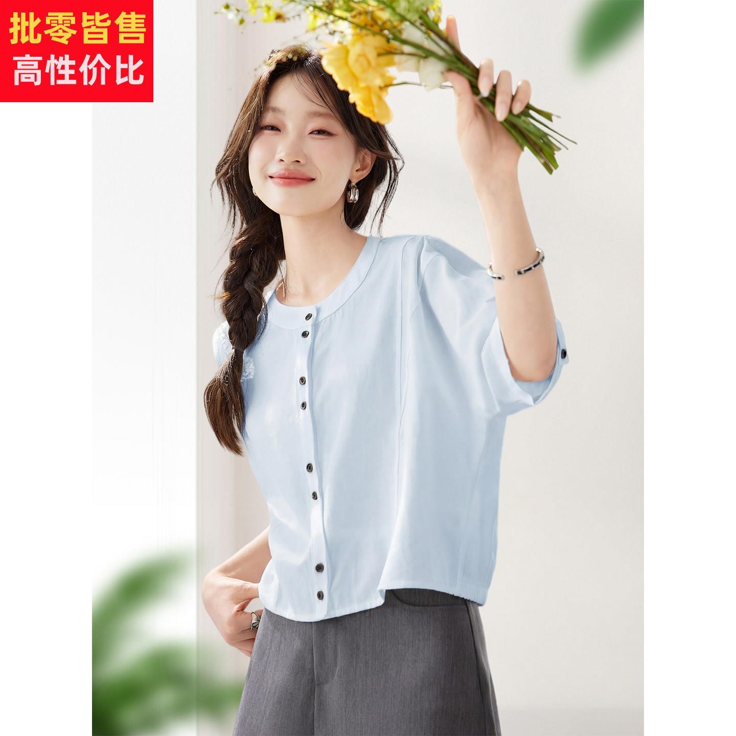 纯棉小个子短款高腰中袖衬衫上衣女2026新款夏季宽松慵懒衬衣