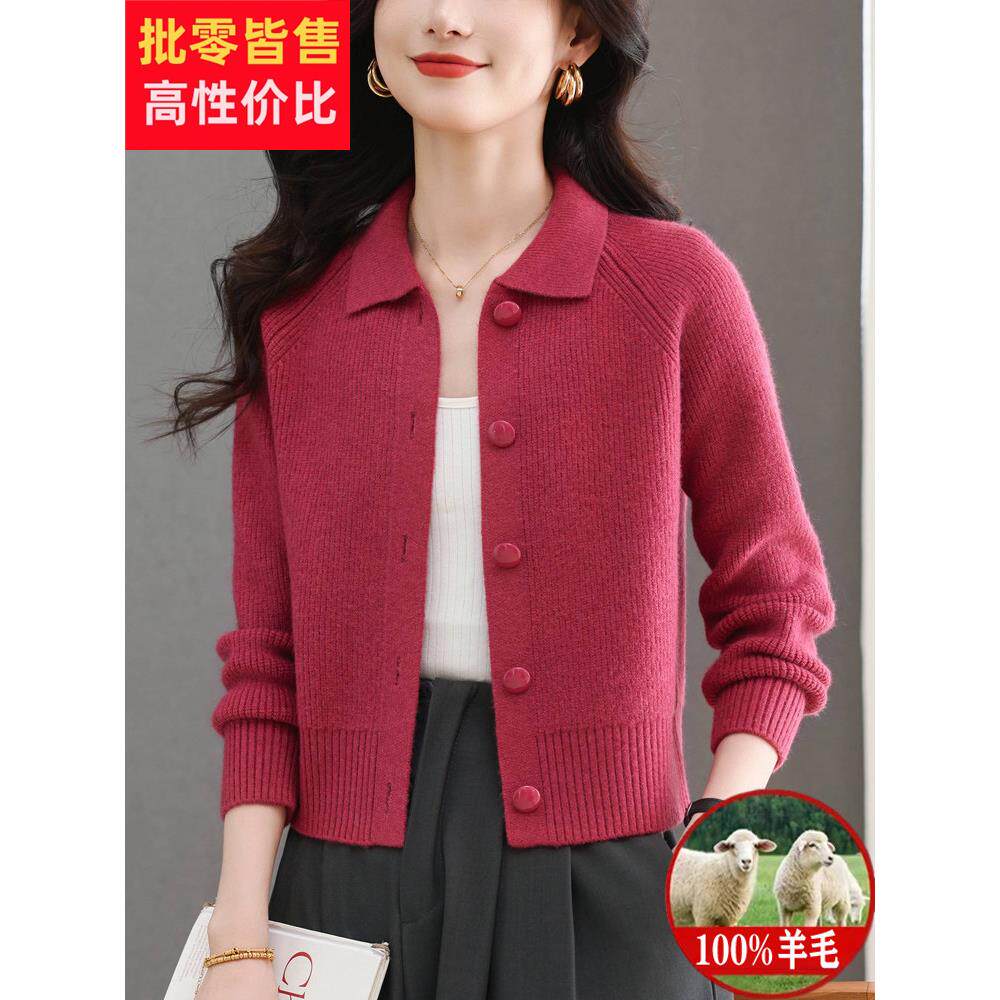 小个子开衫毛衣女2025新款春秋外搭羊毛衫外套高腰翻领针织衫短款