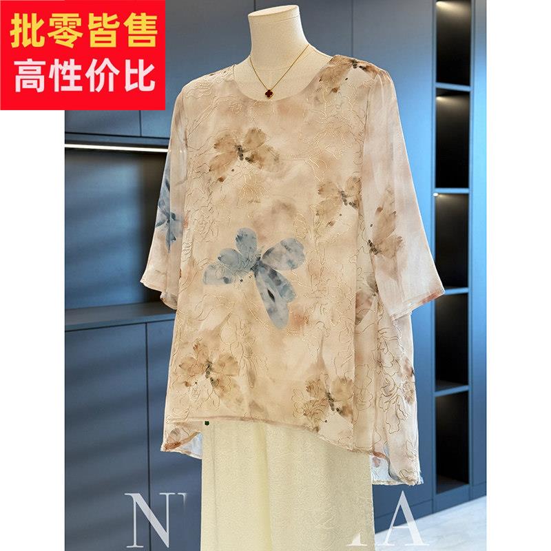 新中式国风妈妈装雪纺衬衫女大尺码夏装新款上衣气质百搭中老年衬