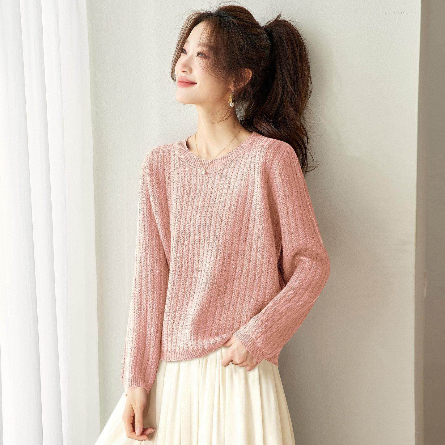 高级感圆领坑条亮片针织毛衣女秋冬2025新款高级感打底衫内搭上衣