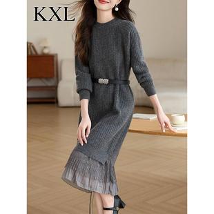高级感气质灰色网纱拼接针织连衣裙女秋冬新款洋气配大衣的毛衣裙