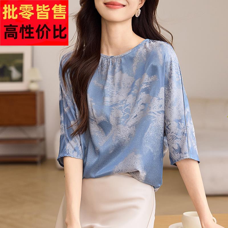 印花衬衫女短袖t恤2025新款夏季高端碎花中袖上衣雪纺桑蚕丝小衫