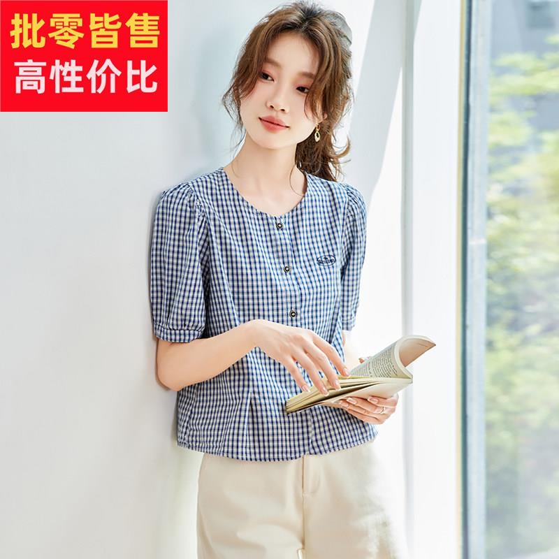 法式泡泡袖圆领衬衫女202夏季新款小个子纯棉格子衬衫设计感上衣