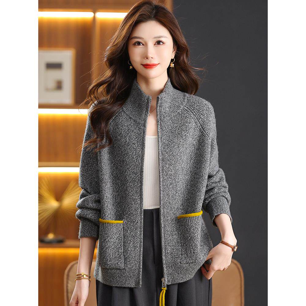 立领毛衣外套春秋大码时尚高级感女装2025年新款洋气宽松针织开衫