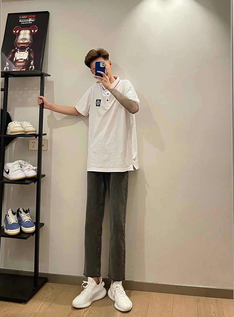 潮流灰色直筒水洗毛边牛仔九分裤
