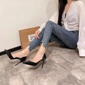 尖头高跟鞋 细跟浅口一字带时尚 法式 新款 仙女风珍珠玫瑰米兰女凉鞋