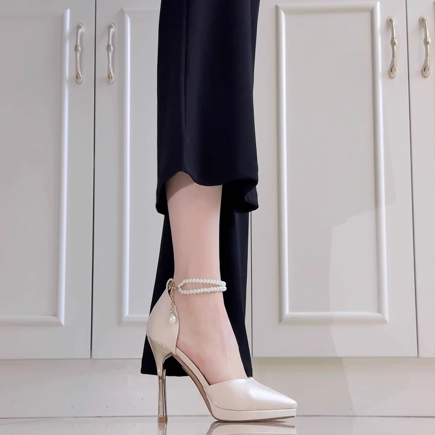 高跟鞋女性感香槟色婚鞋珍珠女百