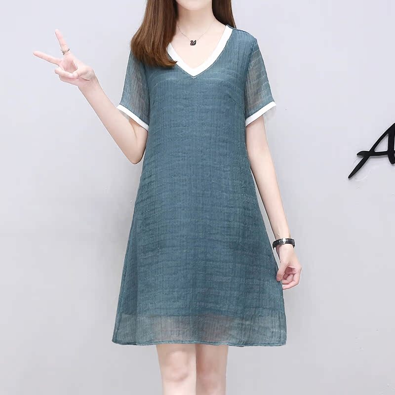 韩采西2018夏季新品韩版时尚连衣裙中长款宽松A字裙6564 孔雀蓝 2