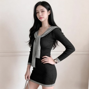 韩国多巴胺秋冬装新款气质毛衣针织连衣裙女秋冬披肩修身包臀短裙