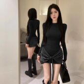 弹力绑带连衣裙潮 气质韩版 港风辣妹设计感褶皱圆领长袖 包臀裙时尚