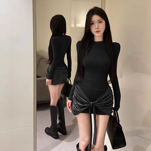 弹力绑带连衣裙潮 气质韩版 港风辣妹设计感褶皱圆领长袖 包臀裙时尚