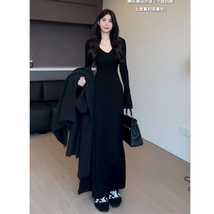 法式高级感长款连衣裙女秋冬新款时尚收腰修身显瘦内搭打底包臀裙