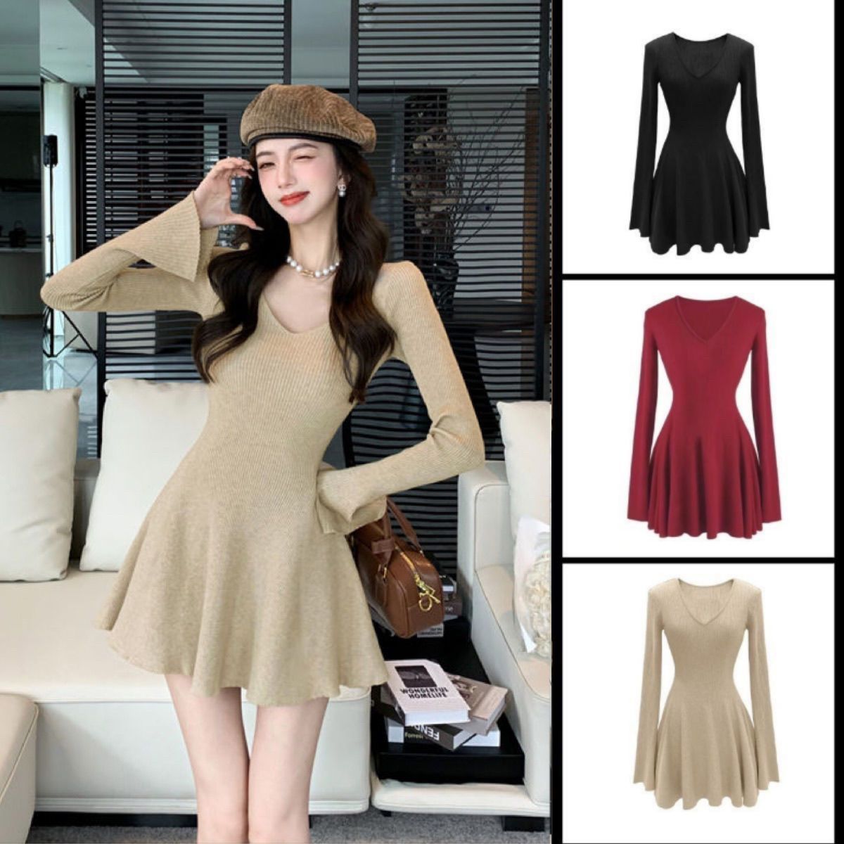 高级感卡其色v领巨好看长袖连衣裙女秋冬季大衣内搭针织磨毛裙子
