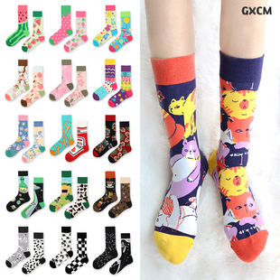 袜子不对称中长筒AB袜男女潮牌水果植物欧美街头个性 亲子棉鸳鸯袜