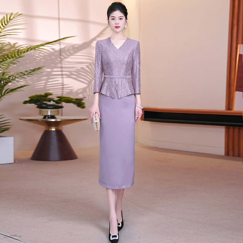 蕾丝假两件连衣裙女2026春季喜婆婆喜妈妈婚宴礼服日常可穿一步裙 - 蔚歌旗舰店出品