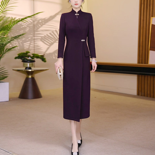 暗夜紫立领改良式旗袍假两件连衣裙2025冬新款气质修身显瘦中长裙