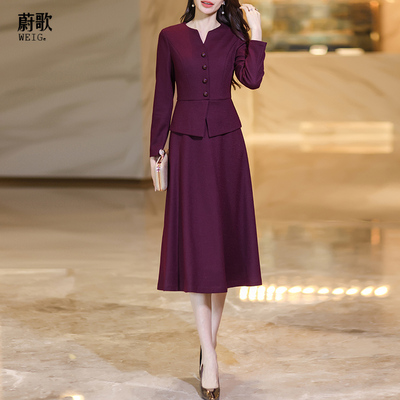 安可拉红假两件裙喜婆婆喜妈妈2025秋冬款修身显瘦毛呢打底连衣裙