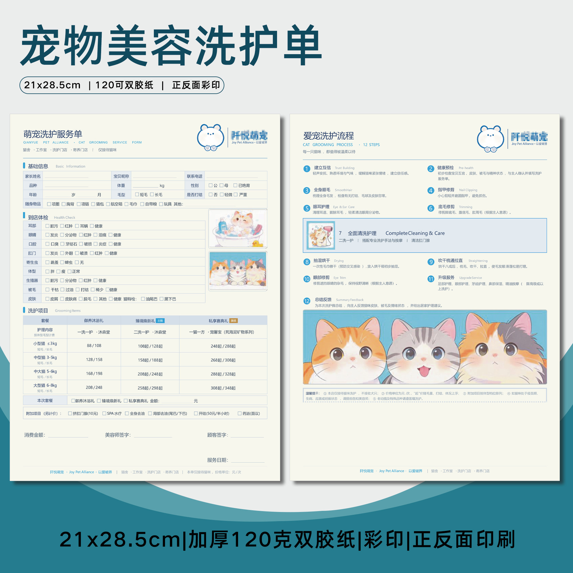 宠物洗护确认单动物绝育寄养登记卡免责协议猫咪服务单美容洗护单