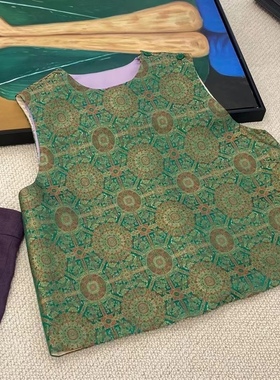 流光溢彩！桑蚕丝提花绿色马甲圆领斜襟真丝宋锦中式上衣马甲 女