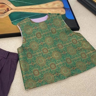 流光溢彩！桑蚕丝提花绿色马甲圆领斜襟真丝宋锦中式上衣马甲 女