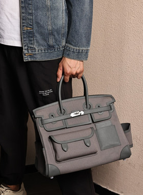商务托特包男士真皮手提包大容量公文包灰色金属扣锁