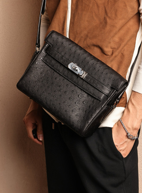 新款鸵鸟皮中性帅气百搭邮差包凯messenger27小号邮差包