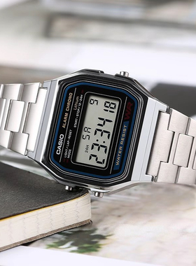 casio卡西欧手表男学生钢带小方块复古运动电子表A158系列