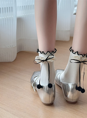 港风小腿袜中筒后跟蝴蝶结丝带袜子lolita袜女轻奢高级感复古棉袜