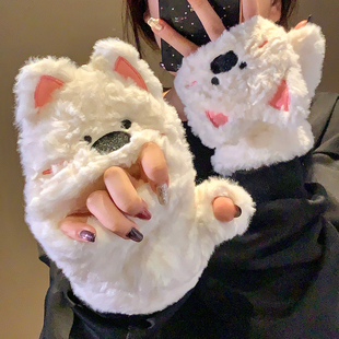 可爱西高地半指翻盖毛绒手套女冬季 加厚保暖可触屏学生写字防寒冻