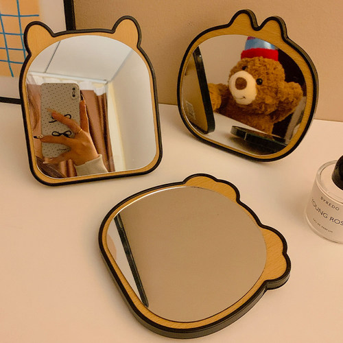可爱小熊猫咪木制折叠化妆镜