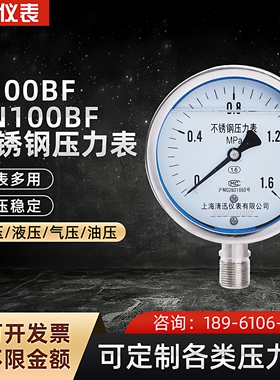 YN100BF不锈钢耐震压力表304/316L接头表壳耐腐蚀0-0.6/1.6Mpa