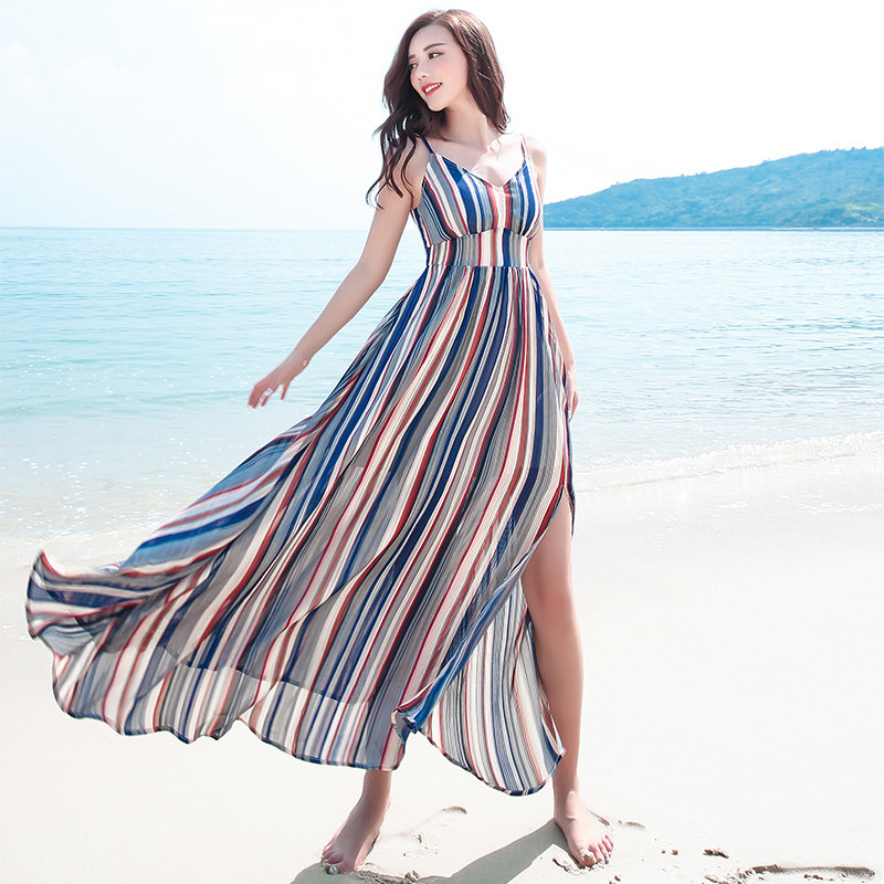 夏季雪纺吊带海边度假沙滩裙女长裙气质波米希亚开叉条纹连衣裙