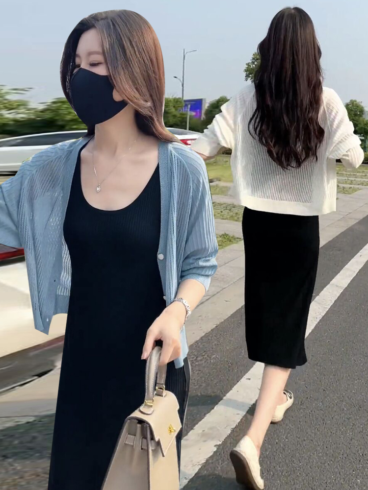 冰丝针织开衫防晒衣女2023年夏季慵懒风空调衫宽松外搭披肩薄罩衫