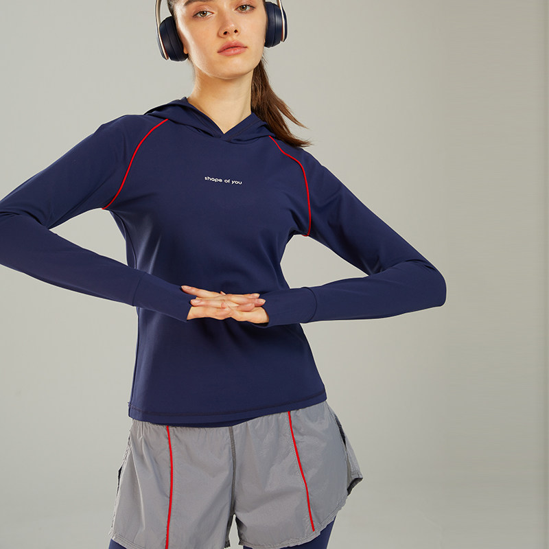 gymna复古学院风女长袖运动休闲健身衣连帽修身跑步上衣训练服春