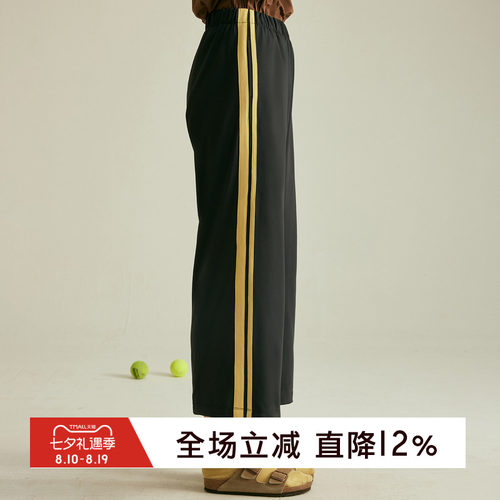 GYMNA复古运动直筒裤女宽松休闲速干美式撞色9分裤高弹显瘦训练裤