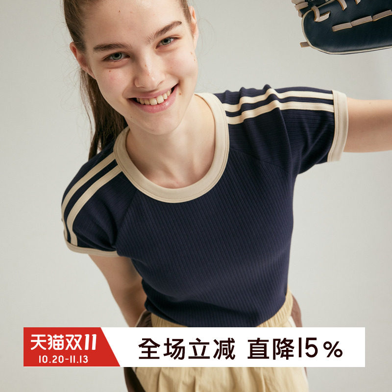 gymna复古短袖正肩撞色T恤女棉质弹力修身显瘦百搭运动上衣健身服