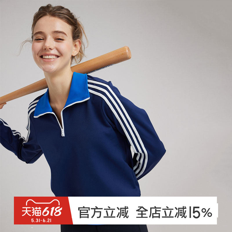 gymna复古宽松运动卫衣翻领半拉链套头学院风速干撞色休闲上衣女