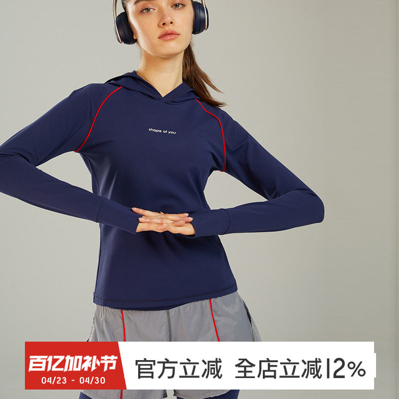 gymna复古学院风女长袖运动休闲健身衣连帽修身跑步上衣训练服春