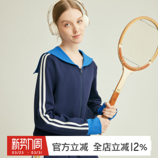 gymna复古休闲外套运动撞色拉链上衣茄克翻领学院减龄条纹开衫 女