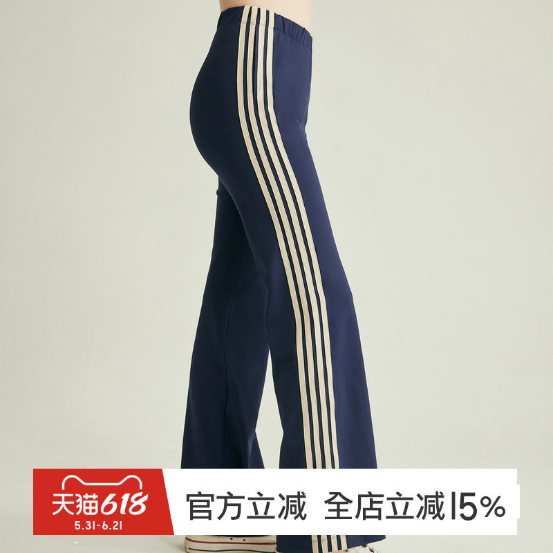 gymna复古运动长裤美式微喇侧条纹弹力速干裤女高腰瑜伽修身长裤