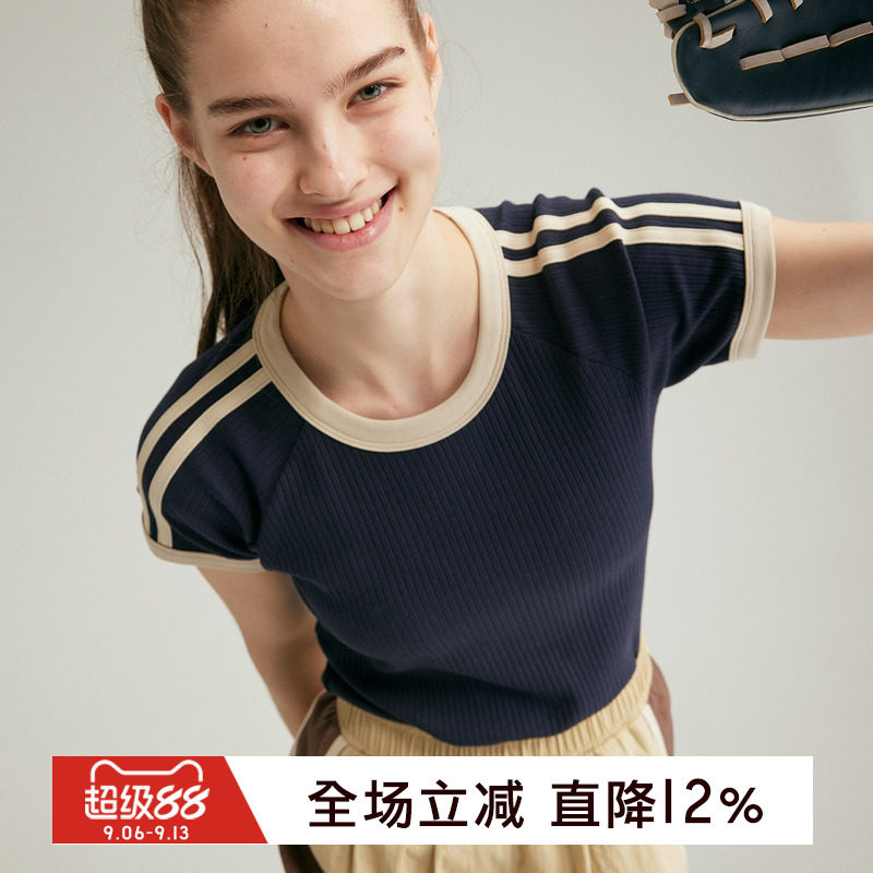 gymna复古短袖正肩撞色T恤女棉质弹力修身显瘦百搭运动上衣健身服