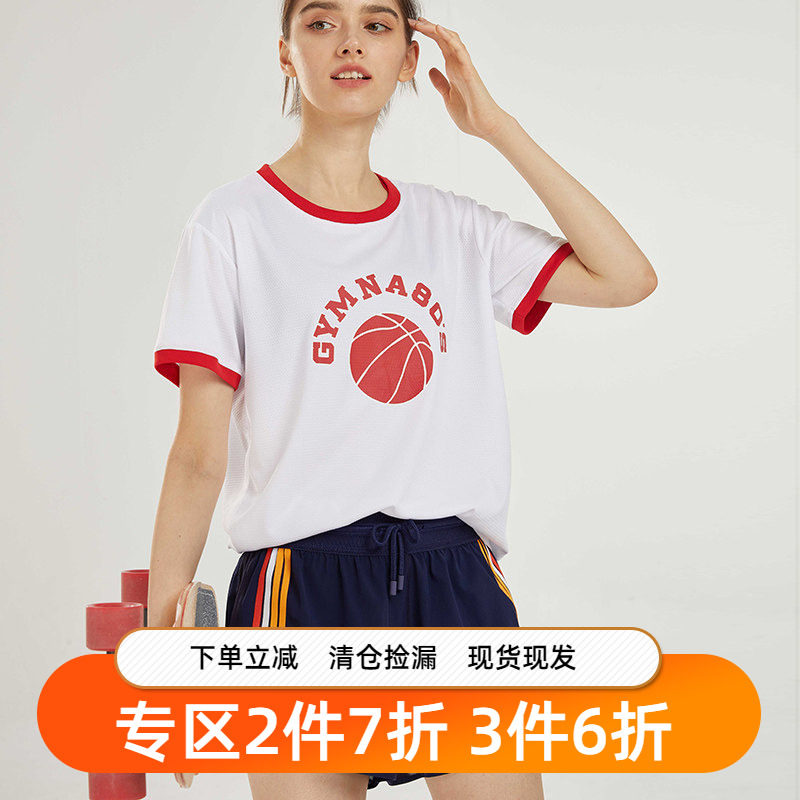 gymna复古学院风宽松瑜伽上衣女透气运动大码t恤跑步短袖健身服夏