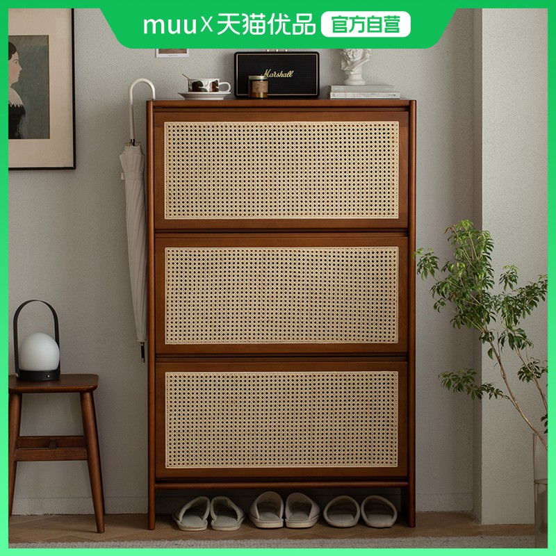 藤编鞋柜实木玄关柜北欧日式复古家用大容量透气入户门口收纳柜子