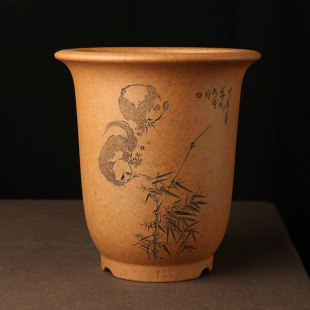 蔓木人宜兴紫砂花盆唯珍精品大金钟手工刻绘段泥柴烧建兰惠兰桌面