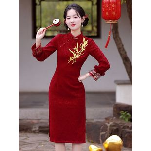 红色旗袍冬季加绒加厚女新中式国风小个子过年拜年服新年战袍冬装