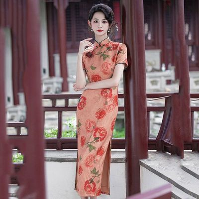 红色玫瑰国风新中式长款旗袍改良年轻款2025新款女复古短袖秋夏季