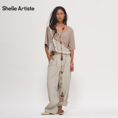 【现货】SHELLE ARTISTE26夏季复古做旧宽松卷边钩花背带裤休闲裤