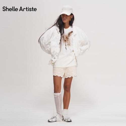 【现货】SHELLE ARTISTE26夏季米白色度假风松紧腰显瘦钩花短裤