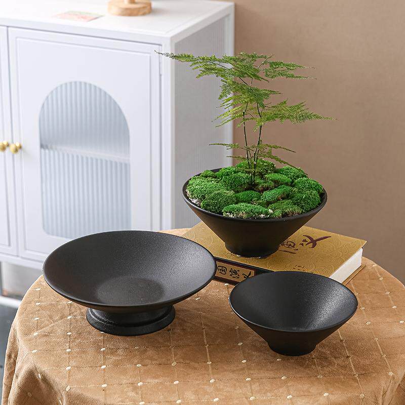 日式极简陶瓷花盆皮革釉面大口径扁形碗形圆形微景观苔藓植物网红