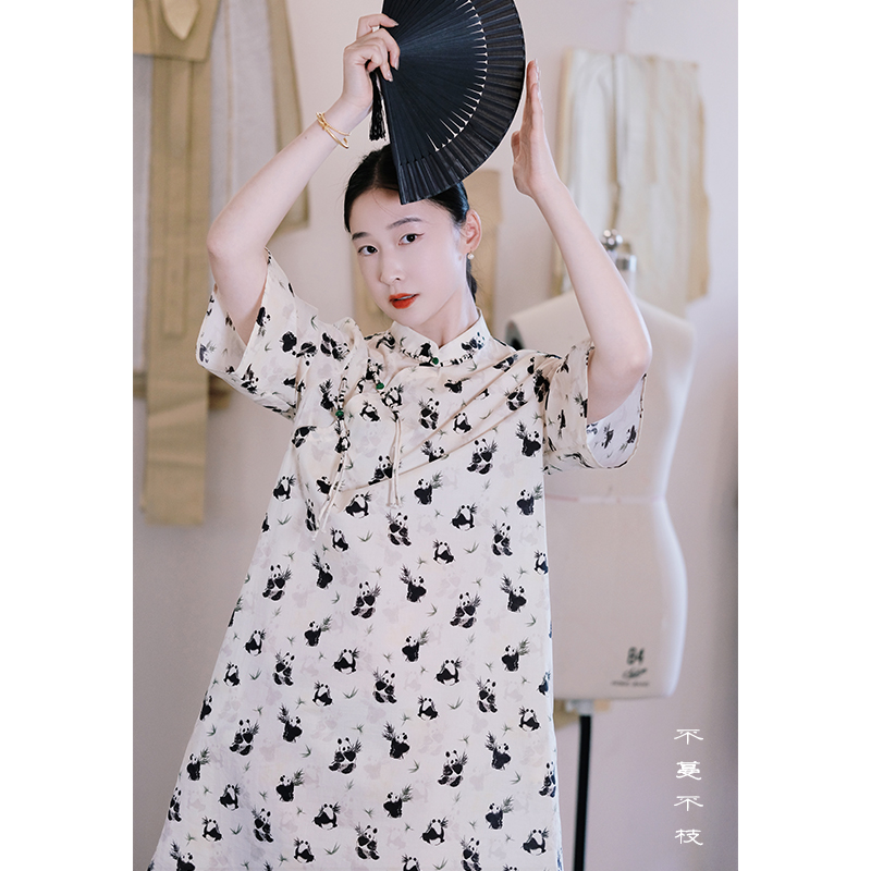 文艺复古改良旗袍裙纯棉小熊猫